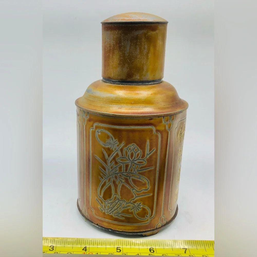 Antique Chinese Tea Caddy Canister Jar Etched Engraved Bronze Copper Hong Kong
